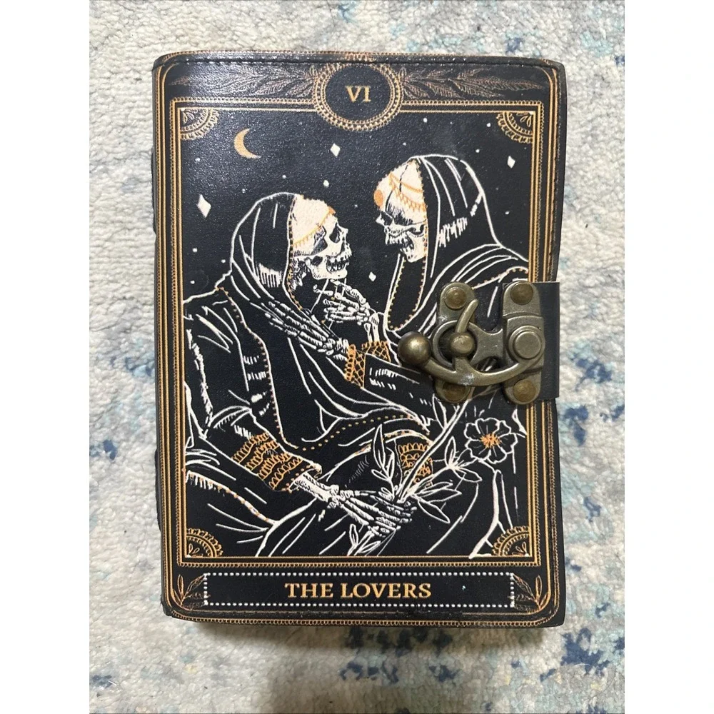 Book of Spells Leather Journal Deckle Paper Grimoire The Lovers Tarot Skull EUC